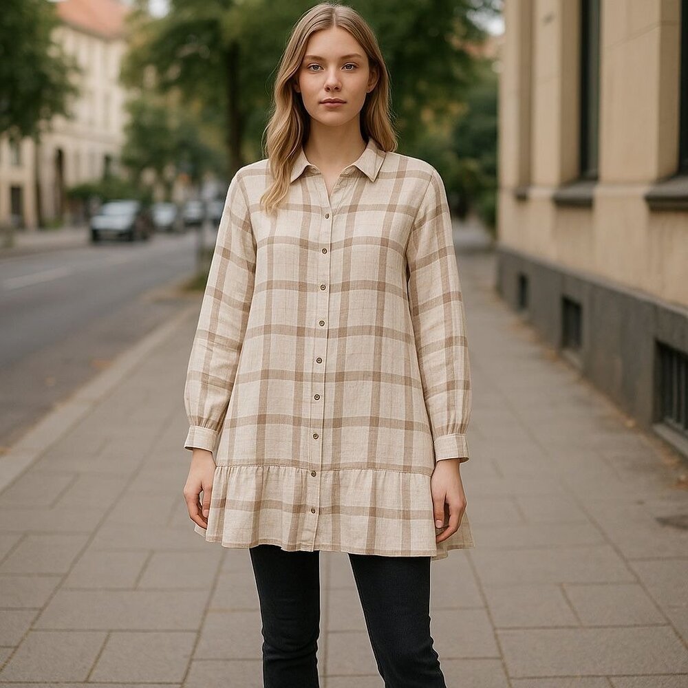 FREE PEOPLE Womens Peppy Plaid M Tunic Shirt White Brown Button Up Back Ruffle
